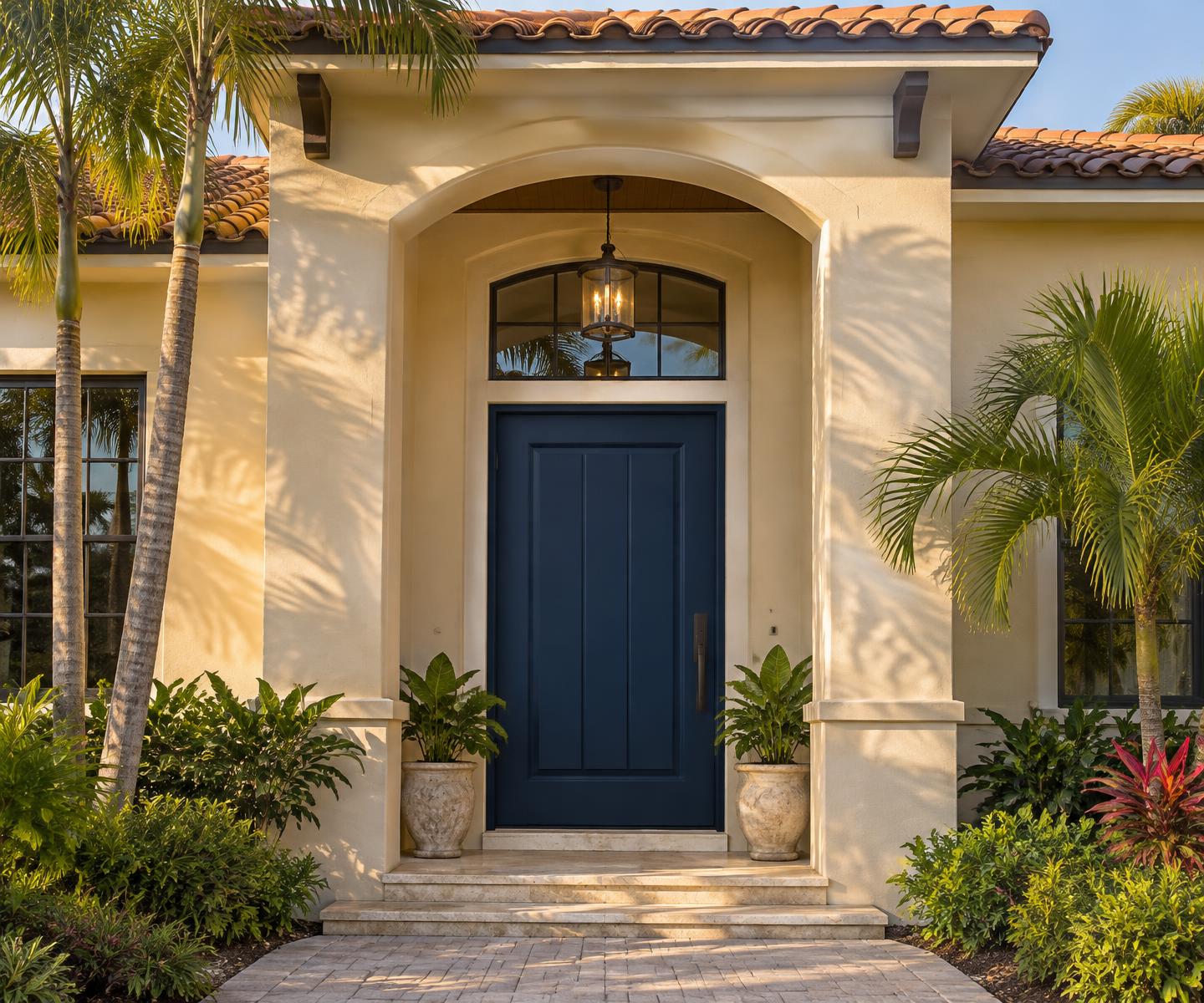 Beautiful blue metal front door on a South Florida home